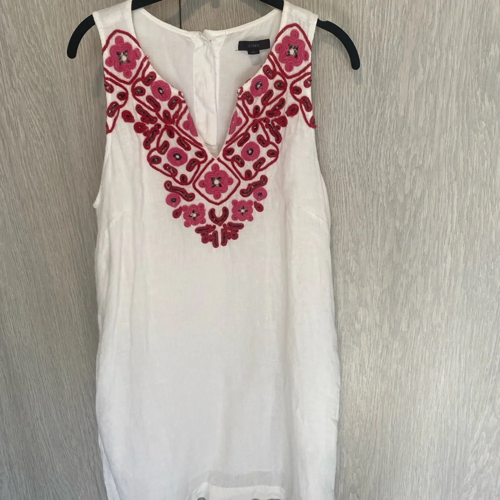 J. Crew White Linen Dress with Pink Embroidered Neckline